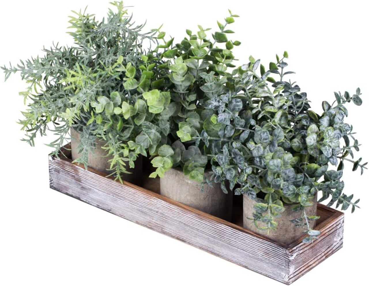 Set of 3 Mini Artificial Eucalyptus & Rosemary Plants in Wooden Planter